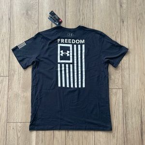 NWT Under Armour Freedom Black T-Shirt with White Flag and USA Flag on Sleeve